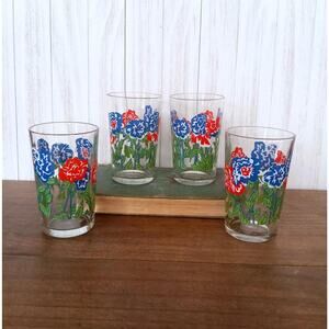 Vintage Floral Juice Glasses: Red, White & Blue Flower Design (Set of 4)